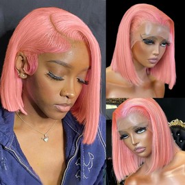 Bob Wig Human Hair 13x4 Lace Front Wigs Human Hair Pre Plucked Glueless Wigs Human Hair 180% Density Short Bob Wigs for Women Pink Straight Bob Lace Frontal Wigs 16 Inch