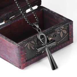 Rehoboth Stainless Steel Ancient Egyptian Coptic Ankh Cross Pendant Necklace for Womens Mens 24 Inch Chain Black