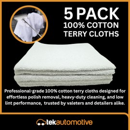Tek Automotive Heavy Duty Terry Towelling Cleaning Cloths – 5 Pack – 100% Cotton, Low Lint, Highly Absorbent, Ideal for Polishing, Valeting, Glass & Interior – 43cm x 37cm Machine Washable