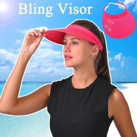 2 Pack Clip On Visors Women Men Headwear Wide Brim Cap Outdoor Golf Beach Hiking Ponytail Adjustable Hats Shiny Rhinestone Bling Large Hat (White-2, Rose Red-1)