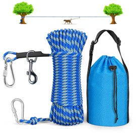 Tie Out Cable for Camping, 50ft Portable Overhead Trolley System for Dogs up to 200lbs，Dog Lead for Yard, Camping, Parks, Outdoor Events,5 min Set-up，Blue