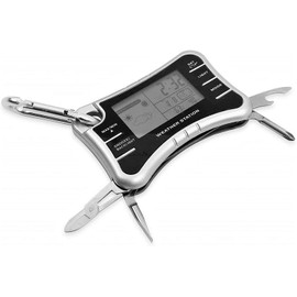 TechAffect Multi Tool Keyring Carabiner Watch Travelling Alarm Clock -Digital Thermometer Camping Accessories UK - for Walkers, Hikers or Bug Out Bag Survival Kit - Small Silver