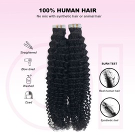 Curly Hair Extensions, OiMiGO Kinky Curly Tape in Extensions 40pcs 100 Grams Natural Black Brazilian Human Hair Tape in Extension for Black Women 3C 4A 20 Inch Curly Tape Remy Hair
