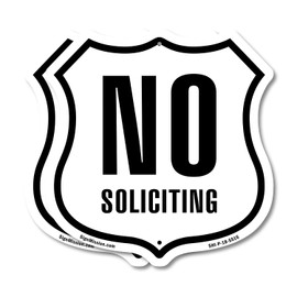 No Soliciting (2 Pack) 6 inch X 6 inch Shield Shaped Commercial Grade Plastic Signs Weather Resistant Made in the USA
