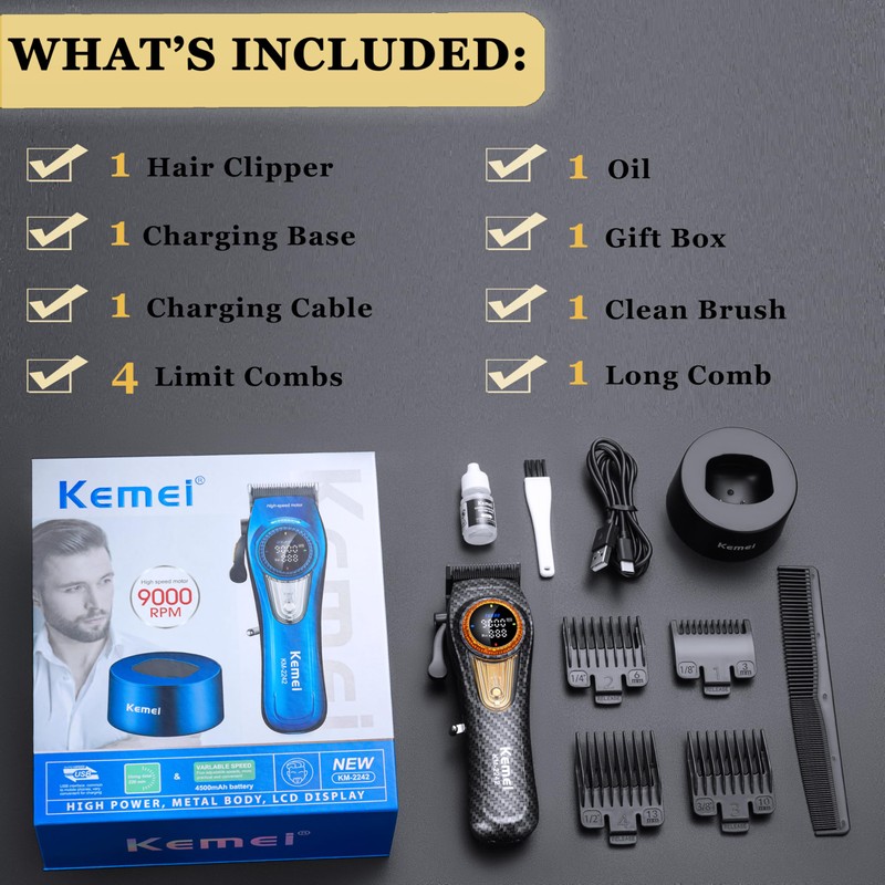 KEMEI 2242 Professional Hair Clippers for Men, Cordless Barber Clipper