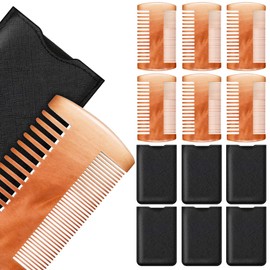 6 Pieces Beard Comb Natural Sandalwood Wooden Moustaches Combs Dual Action Teeth Beard Comb with 6 Pieces Pocket Faux Leather Case for Beards Moustaches (Yellow)