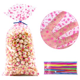 LEOSINDA 100 pcs 7X12 Inch Baby Shower Pink Cellophane treat Bags Clear Plastic Goodie Favor Bags Candy Bags popcorn Gift bags for Birthdays, Party Supplies Star Print With Twist Ties
