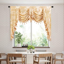 ELKCA Golden Jacquard Swag Waterfall Valance Luxury Curtain Valance for Living Room Window Treatment for Bedroom (Floral-Golden, W69 Inch, 1 Panel)