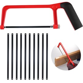 Red Hacksaw for Metal Cutting, Small Craft Saw with Adjustable Angle and Heavy Duty Blades, Perfect for Cutting PVC Pipe, Shingles, and Wood, Includes 10 Standard Saw Blades