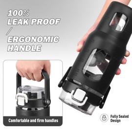 BLUEGO 32oz Glass Water Bottles with Straw Time Marker Half Gallon Large Motivational Water Bottle with Silicone Sleeve 2 Liter Large Glass Water Jug for Gym, Sports& Workout, Daily, Black