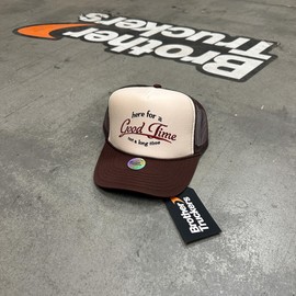 Here for A Good Time Trucker Hat | Funny Meme Party Trendy Cowboy | Premium Snapback Hat for Men & Women (US, Alpha, One Size, Tan)