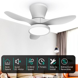 ocioc Quiet Ceiling Fan with LED Light DC motor 32 inch Large Air Volume Remote Control White for Kitchen Bedroom Dining room Patio