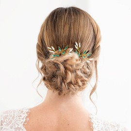 IYOU Wedding Crystal Hair Pins Green Rhinestone Bridal Headwear Leaf Prom Hair Accessories for Women and Girls (Pack of 2) (Gold)