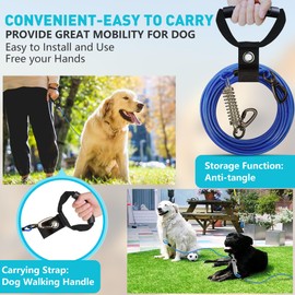 Dog Tie Out Cable and Stake with No-Tangle Handle 10FT Steel Wire with Strong Carabiner Fix Buckle for Large Medium Small Dogs, Dog Tie-Out Cable for Outside Walking Playing, Camping, or Kyard(Blue)