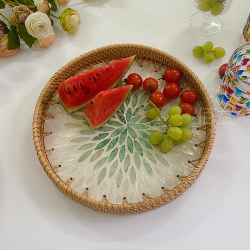 Rattan Woven Serving Tray Round Decorative Natural Rattan Shell Fruit