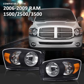 PIT66 Headlights w/Bulbs Left and Right Side Compatible with Dodge Ram 1500 Truck 2006-2008/Fits Dodge Ram 2500 3500 Truck 2006-2009,Clear Lens Black Housing Amber Reflector