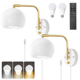 VATONI Wall Sconce with Remote Control, Plug in Wall Sconces Dimming 0-100% and Adjustable Color Temperature 2700K-6000K, Brushed Brass White Globe Swing Arm Wall Lights with Plug in Cord(2 Bulbs)