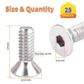 YOUFEN 1/4-20 x 3/4" Flat Head Socket Cap Screws Countersunk Bolts 304 Stainless Steel Bright Finish, Allen Socket Drive, Full Thread, 25 Pcs
