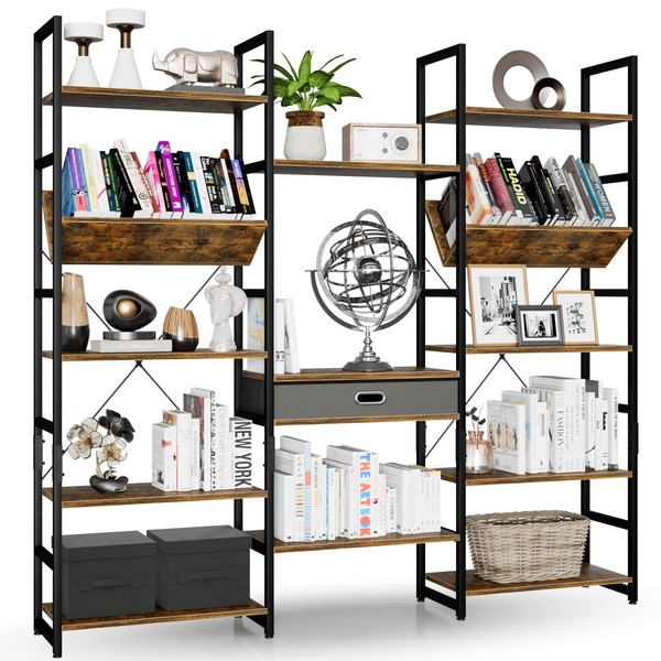 NUMENN Triple Wide 5 Tier Bookshelf, Adjustable Rustic Industrial Style Book Shelves, Modern Bookcases and Bookshelves Furniture for Bedroom, Living Room and Home Office, Vintage Brown