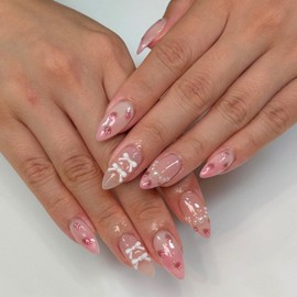 Cute Press on Nails Almond Fake Nails Pink Full Cover Stick on Nails with Strawberry designs Acrylic Nails Bow False Nails Glossy Gradient Glue on Nails for Women Girls Summer 24pcs