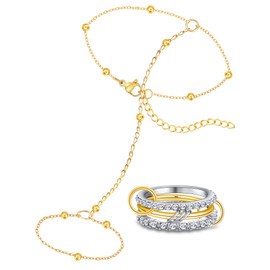 BOMAIL Gold Hand Chain Bracelet and Ring Set for Women 14K Gold Plated Trendy Finger Ring Link Bracelet Minimalist Stackable Hand Chain and CZ Finger Rings Set Jewelry for Women