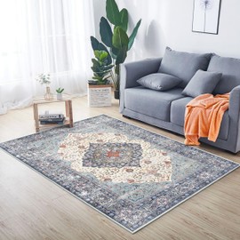 ANSSO 3x5 Washable Area Rug, Faux Wool Vintage Boho Non-Shedding Rug, Carpet with Non Slip Backing for Dorm, Laundry, Living Room and All Spaces, Earthy Navy