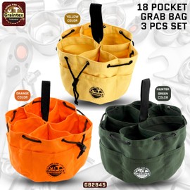 Graintex GB2845 18 Pockets Grab Bags Set of 3 Pcs Orange, Yellow and Hunter Green Color Rip-stop Canvas, Drawstring Closure, Small Parts Organizer Bag, Parachute Tool Bag, Parachute Tool Organizer