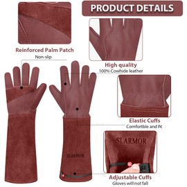 SLARMOR leather Gardening Gloves for Women/Men - Thorn Proof Cowhide Leather Rose/Blackberry Pruning Heavy Duty Garden Gloves Thick Palm Gauntlet Garden Work Gloves with Forearm Protection