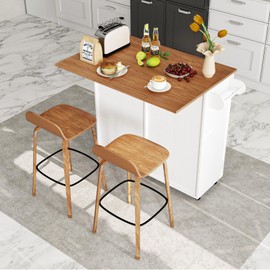 Giantex Kitchen Island Cart with Hidden Tilt Out Trash Can Cabinet, Drop Leaf, 2 Drawers, Towel Rack, Rolling Mobile Breakfast Bar Table, Wood Kitchen Storage Cart on Wheels (White & Natural)