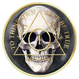 1 Year AA Medallion Skull Black Tri-Plate Sobriety Chip Serenity Prayer Back
