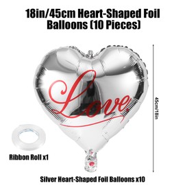 10pcs Valentines Day Heart Shaped Balloons, 18 Inch Love Foil Helium Balloons Decorations with Ribbon Inflatable Romantic Decor for Party Birthday Proposal Wedding Engagement Bridal (Silver)