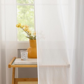 Home Brilliant Striped Sheer Curtains, Net Curtains for Windows 45 Drop, White Short Woven Voile Net Curtains for Kitcken Window Treatment, Set of 2, 54 x 45 inches