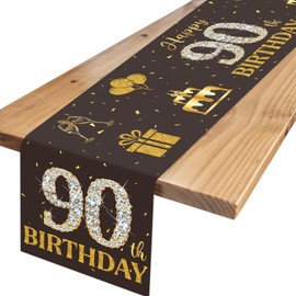 90th Birthday Glitter Table Runner, Black Gold 90th Birthday Decorations for Men Women, Number 90 Table Centrepiece Decoration for 90th Birthday Party Favor Photo Booth Props, 190x35cm