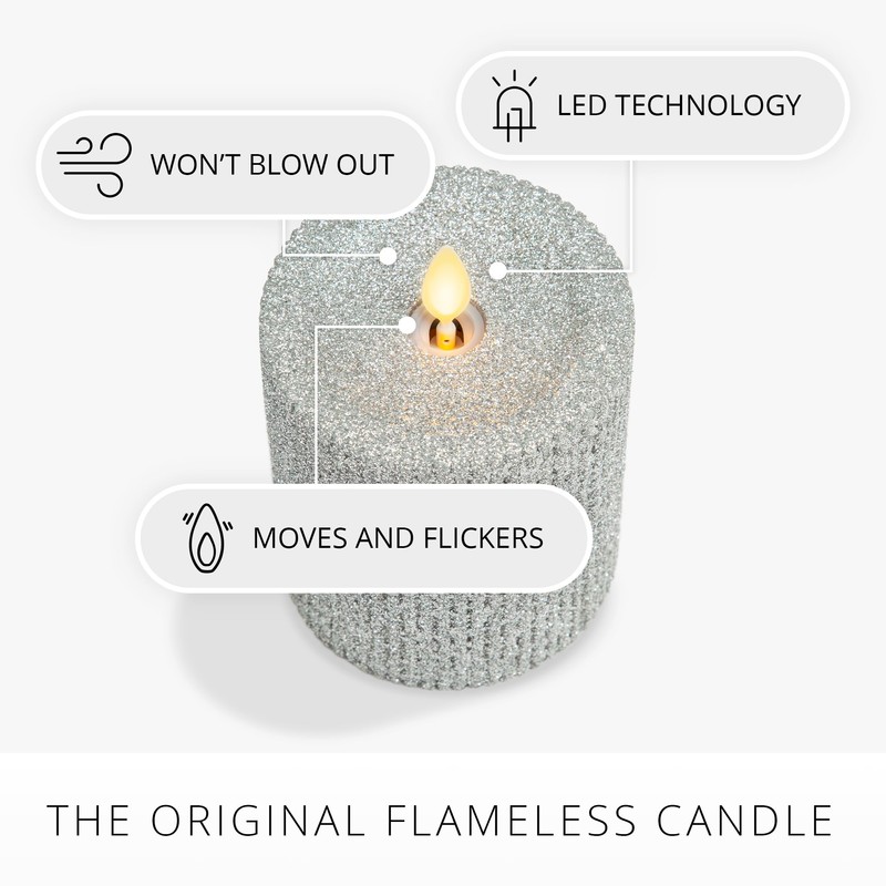 Luminara Brilliant Silver Glitter Ribbed Flameless LED Candle Moving Flame