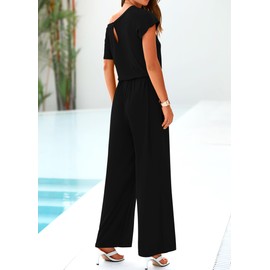 KIRUNDO Black Jumpsuits for Women Casual Summer Loose One Piece Outfits Off Shoulder Wide Leg Jumpsuit Overalls Stretchy Long Pant Rompers with Pockets 2024(Black, Large)