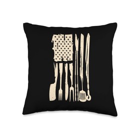 Grill Father - Funny BBQ Smoker Grilling Apparel Mens Vintage BBQ American Flag Grilling Or Smoking Meat Throw Pillow, 16x16, Multicolor