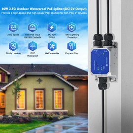 MokerLink IP67 Outdoor 2.5 Gigabit PoE Splitter, 10/100/1000/2500Mbps, IEEE 802.3 af/at/bt PoE in, DC12V 5A Out, Max 65W, Wall Mount Metal Waterproof