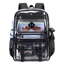 Sisipoet Clear Backpack for School, PVC Clear Bookbag Heavy Duty Transparent Backpack for Stadium Events Multiple Pockets See Through Bag for Teens Students Women Men with Leather Pendant, Black