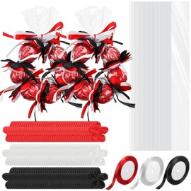 Yexiya 50 Sets Graduation Candy Lei Making Kit 23 Inch Transparent Plastic Cellophane Bags, Including 150 Tricolor Petals and 3 Rolls Ribbon Congrats Grad Candy Wreath Gift for Party(Red)