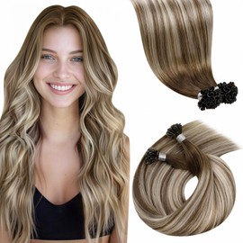 LaaVoo Real Hair Bonding Extensions, 1 g/Strand, Balayage Brown U-Tip, 60 cm, Keratin Extensions, Light Brown, Ombre, Platinum Blonde, Remy Human Hair, 50 grams, 50 Strands, #8/60/8
