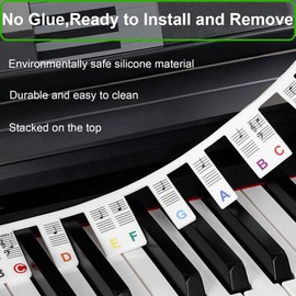 Removable Silicone Piano Key Markers Strips for Beginners,61 Key Full Size Piano Keyboard Notes Guide,Reusable Piano Key Note Labels,Comes with Storage Cover & Box(Colorful)