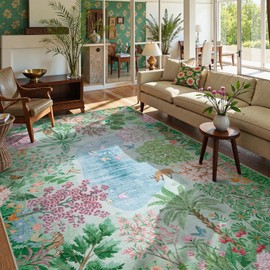 Lahome Spring Jungle Rug, 9x12 Green Area Rug for Bedroom Large Living Room Area Rug, Soft Botanical Rug for Kids Room, Washable Non Slip Non Shedding Indoor Carpet for Dining Room Playroom