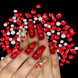 Generic Nail Art Rhinestones Gems for DIY Nail Design Red Nail Crystal Rhinestones for Nail Art Decoration with Glitter, Small