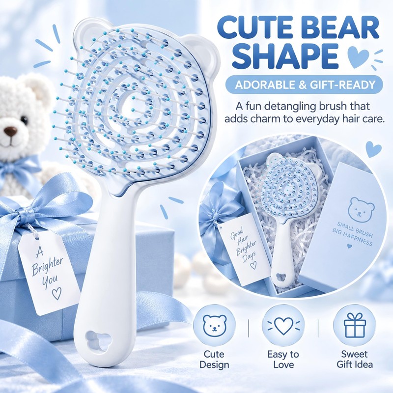 Bear-Shaped Self Cleaning Hair Brush, Curved Vented Design, Blue