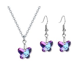 Colorful Crystal Butterfly Star Shell Heart Shape Pendant Necklace Earrings Set Stainless Purple & Yellow Shining Rhinestone Jewelry for Women Gifts-Butterfly Set