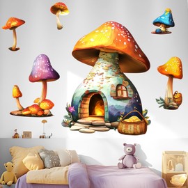 VePret Watercolor Mushroom House Wall Decals Peel and Stick, Large Colorful Cartoon Wall Stickers & Murals, Removable Vinyl Home Decor Art for Girls Bedroom Baby Nursery Daycare
