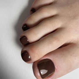 Solid Color Brown Press on Toenails for Women, Glossy Fake Toenail Press ons Short Square Acrylic Press on Toe Nails, Reusable light Brown Toenails Glue on Natural Seamless Fit, 24Pcs Glue Toenails