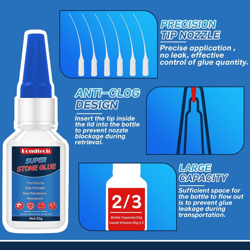 Stone Glue 30 g, Marble Glue Instant, with Anti-Clog Cap,