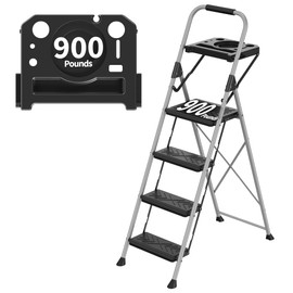 4 Step Ladder, DIAMONDFORGE Folding Step Stool with Tool Platform, Wide Anti-Slip Pedal and Anti-Slip Feet, Sturdiest Steel Construction, 900lbs Capacity Steel Ladder for Home, Grey