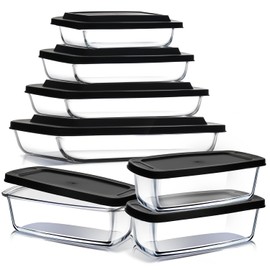 EATEX 7-Pack Glass Food Storage Containers with Lids, Baking Pans Set, Glass Baking Dishes for Oven | 3 Bread Pans for Bread Baking & 4 Casserole Dish Lasagna Pans, Oven Microwave Freezer Safe Black